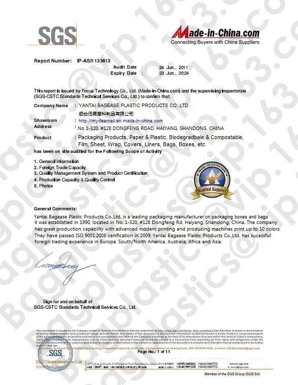 SGS AUDIT CERTIFICATE - YANTAI BAGEASE BIODEGRADABLE BAGS & PRODUCTS CO.,LTD.