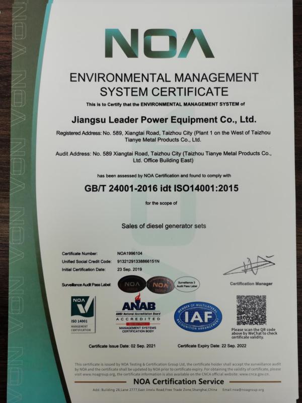 ISO14001 - Jiangsu Leader Power Equipment Co., Ltd.