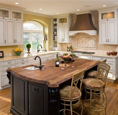 China Traditional Luxury Antique Kitchen With Large Island White Solid Wood Cabinets And Cabinets Throughout for sale