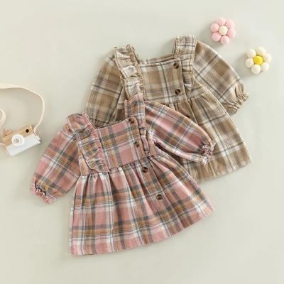 China Breathable Spring Autumn Casual Princess Dress Infant Baby Girls Plaid Dress Square Neck Ruffles Long Sleeve Buttons A-line baby Dresses for sale