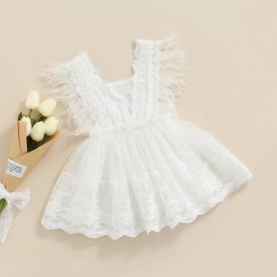 China Breathable Summer Casual Dress White Square Collar Sleeveless Lace Hem Gown 0-24 Months Infant Newborn Baby Girl dress for sale