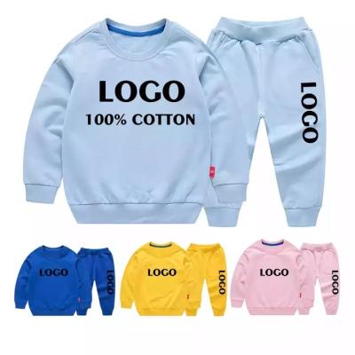 China Fashion\comfortable\durable Terry round neck warm 2 pieces casual custom logo organic cotton kids girls boys plain tracksuit for sale