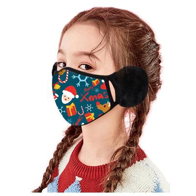 China Christmas Festival Winter Christmas Cartoon Reusable Washable Cotton Facemask Warm For Kids Face Mask With Earmuffs All-in-one for sale