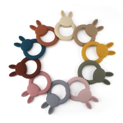 China Non-toxic New Design Rabbit Food Grade Silicone Chew Teething Ring Baby Teether Toy with Hanging Ring for sale