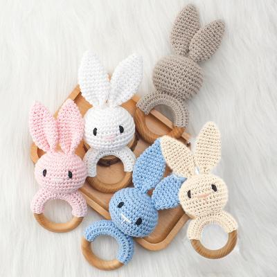 China STUFFED New Arrival Newborn Wooden Baby Rattle Crochet Bunny Teether Toy Baby Rattle with Hand Grips for sale