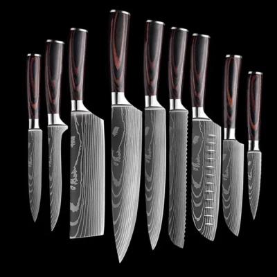 China Stocked Damascus Laser Pattern Stainless Steel Kitchen Knives Color Handle Japanese Cleaver Slicing Salmon Sushi Knives for sale