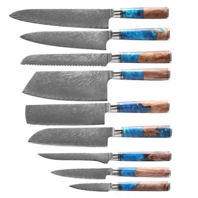 China Stocked Damascus Chef Knife Japanese 67 Layers Damascus Steel Kitchen Resin Wooden Handle Colored Cleaver Slicing Salmon Sushi Knives for sale