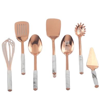 China Sustainable Rose Gold Copper Plating Food Grade Stainless Steel Kitchenware Kitchen Utensils Set Marble Handle Cooking Tool Kit for sale