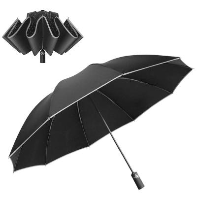 China Single Layer Auto Inverted Travel Umbrella Custom Compact Inverted Folding Umbrella With Reflective Stripe for sale