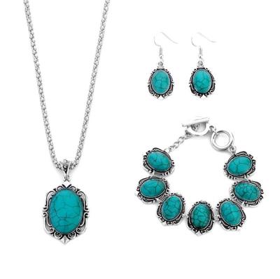 China BOHEMIA New Style High Quality Hollow Cut Out Bohemian Vintage Turquoise Necklaces Earrings Bracelet Three-Pieces Oval Jewelry Set for sale