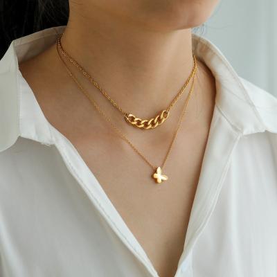 China New Style Stainless Steel Double Layer Chain Stitch Pendant High Quality FASHIONABLE Butterfly Gold Exquisite Necklace for sale