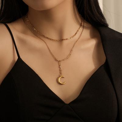 China New TRENDY style high quality moon pendant two layers of stainless steel diamond chain bling choker necklace for sale