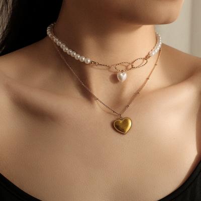 China New Style Fashionable High Quality Luxurious Double Layers Heart Shape Pearl Pendant Lettering Love You Fine Stainless Steel Pearl Necklace for sale