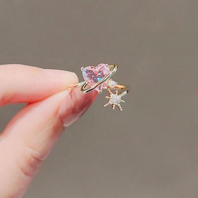 China Vintage Adjustable Gold Plated Pink Heart and Star Zircon Hexagram Diamond Wedding Engagement Ring Jewelry For Women Girl for sale