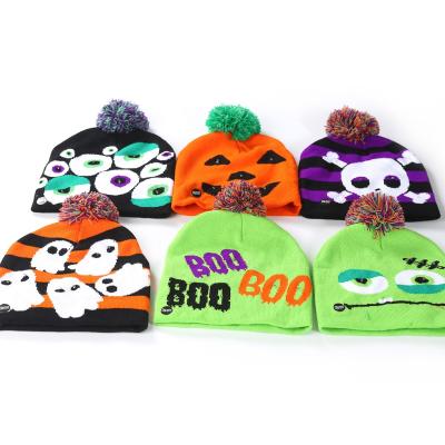 China Yiwu 2021 Cute Led Halloween Hats Colorful Lights Funny Pumpkin Knitted Hairball Party Novelty Halloween Hats For Adults Kids Baby for sale