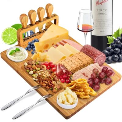 China Sustainable Hot Wooden Serving Tray Amazon Bamboo Cheese Board Set With Cutlery In Slide Out Drawer Cheese Tray Cutting Board Wholesale for sale