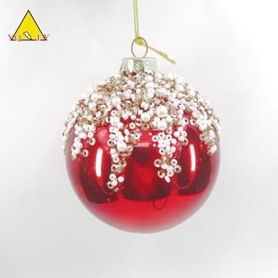 China Wholesale Europe Hand Painting Red Glass Baubles With Beads Christmas Decoration for sale