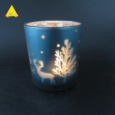 China Home decoration blue glass candle holder with trees reindeer for sale