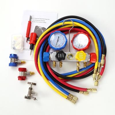 China Brass High precision double refrigerant/air conditioning manifold pressure gauge R22/R134a/R410A/R404A three adapters for sale