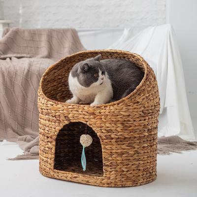 China Sustainable High Quality Double-deck Washbable Water Hyacinth Sleeping Rattan Cat Pet Bed House for sale