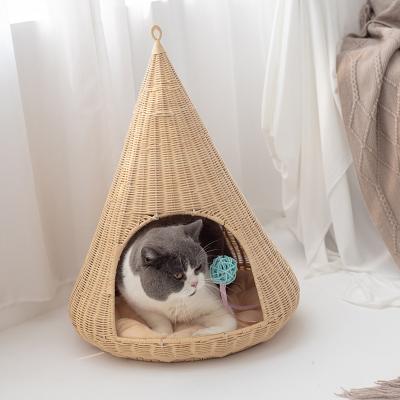 China Sustainable Wholesale Washable Summer Cooling Natural Wicker Cat House Rattan Tent for sale