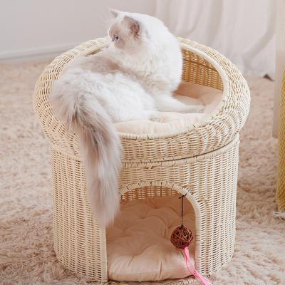 China Sustainable Handmade Double-deck PP Plastic Wicker Rattan Cat Pet Scratching Bed with Warm Mat for sale