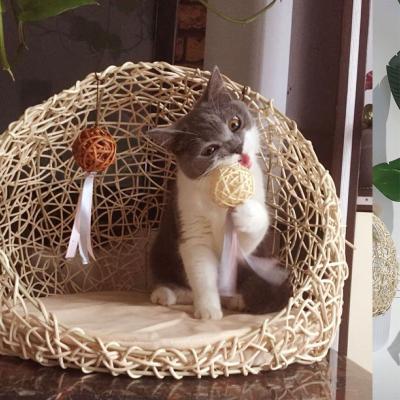 China Sustainable Eco-friendly Scratch Resistant Cat House Wicker Woven Hollow Natural Rattan Pet Bed for sale