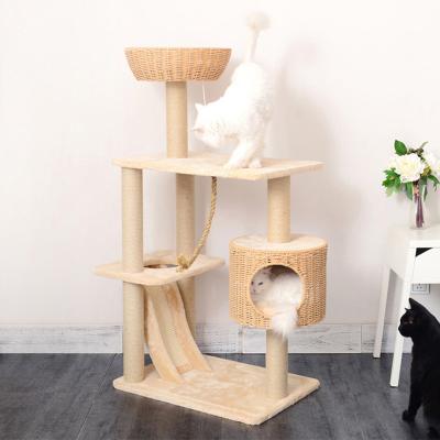 China Sustainable Hot Sale Customized Five-layered Cats Climbing Frame Tower Scratcher House Rattan Cat Trees for sale