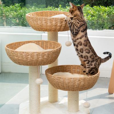 China Sustainable High Quality Interactive Scratcher Pet Cat Tree House Rattan Cat Climbing Frame for sale