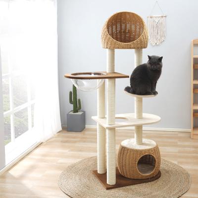 China Sustainable Multifunctional Natural Wicker Woven Rattan Cat Tree Tower House With Rattan Cave for sale