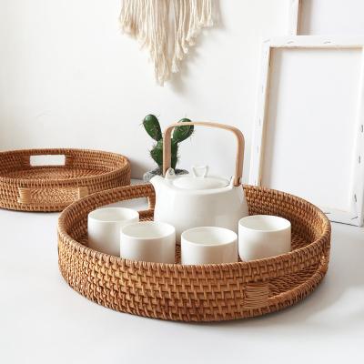 China Eco-Friendly/100%Handmade Hot Sale Round Wicker Woven Home Decor Storage Food Rattan Tray Rattan Serving Tray for sale