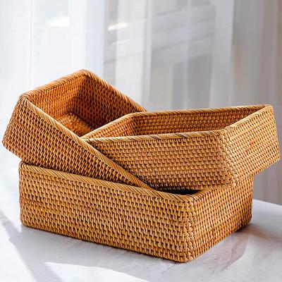 China Sustainable Modern 3 Piece/set Home Decorative Rectangular Woven Fruit Basket Natural Rattan Storage Baskets for sale