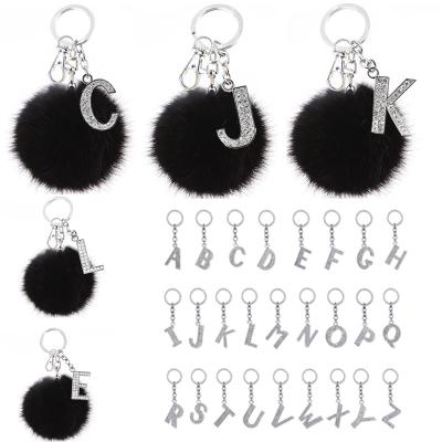 China Fashionable Keychains Crystal Letters Key Rings Keychains Fluffy Black Rabbit Fur Ball Faux Rabbit Promotion Gift Pompom Bag Accessories for sale