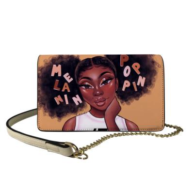 China Customized Light Weight PU Cell Phone Shoulder Messenger Bag Black Art Printing Jelly Lady Bag Leather Chain Wallet for sale