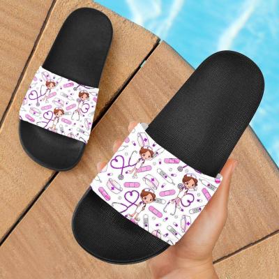 China CUSHIONING Cute Cartoons Print Customized Logo Women Ladies Black Flat Nursing Slides Sandal Slippers Hospital Nurse Equipment for sale