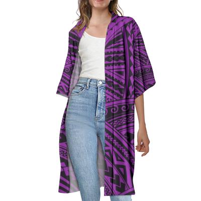 China 2021 women's long cardigan fashion long jacket custom placket anti-shrink samoan tribal print casual shirt for sale