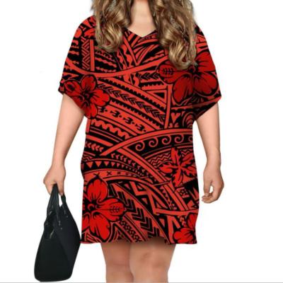 China Red Samoa QUICK DRY Polynesian Tattoo Women Summer Red Dress Casual V Neckline Floral Print Loose Dress For Daily Wear Or Baby Shower for sale