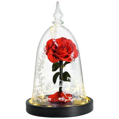 China High Quality Crafts Gift Love Beauty Forever And Beast Natural Eternal Preserved Roses In Glass Dome For Valentine's Day for sale