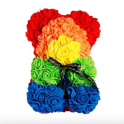 China Beautiful New Customized Colorful 25cm PE Foam Teddy Roses Flower Bears Rainbow Rose Bear For Valentine's Day Gift for sale