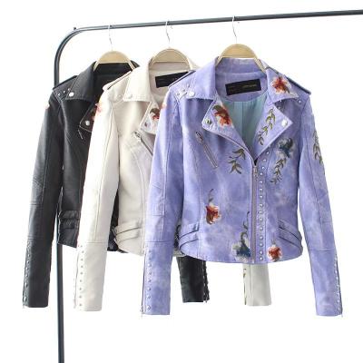 China Fashion Rivet Flower QUICK DRY QUICK DRY Print Long Sleeve Turn Down Collar Zipper Leather Jacket for sale