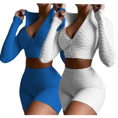 China High Quality 12 Colors QUICK DRY QUICK DRY Sleeve Zipper Long Crop Top Fitness Yoga Women Shorts Set Gym Clothes Sports Running Two Piece Sets for sale