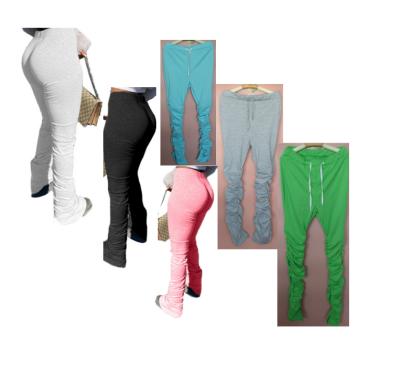 China Wholesale Breathable Breathable Women Solid Color Mid Waist Drawstring Ruched Stacked Pants Pant Cuffs for sale