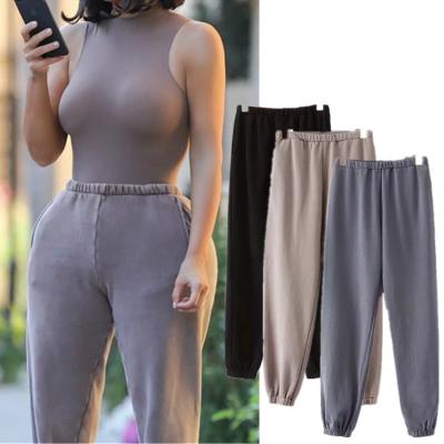 China Anti-Wrinkle S-XL Women Waist Sports Pants Solid Color Casual Loose Elastic Sweatpants Loose Pants Ankle-Length Gray Black for sale