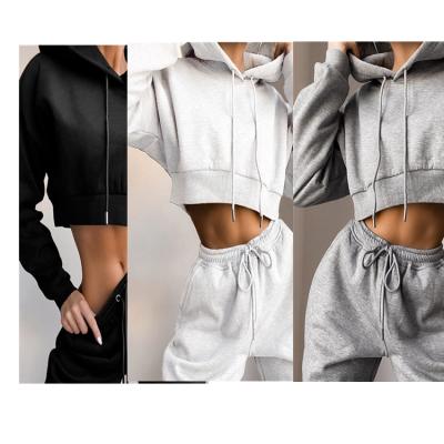 China New Arrival Soft Hand QUICK DRY Cotton Sports Sleeve Top Hoodies Tracksuits Long Crop Hooded Tracksuits 2 Pieces Set Women With Pocket for sale