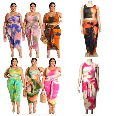 China 2020 New Arrival Dye Tie Women Summer XXXL 2 Pieces Set Plus Size Wrap Dresses Sets for sale