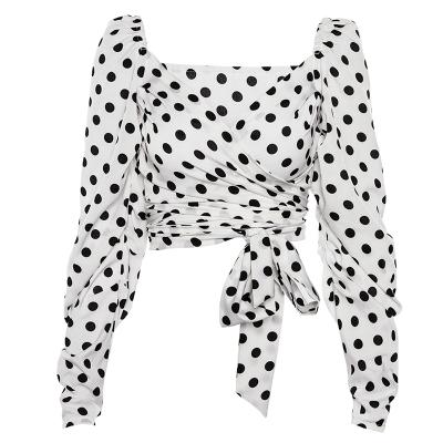 China Wholesale Available Hot Selling Autumn New Women's Polka Dot Anti-Shrink Dot Crop Top Shirt Women Long Sleeve V-Neck Bandage Short Sleeve Anti-Shrink for sale