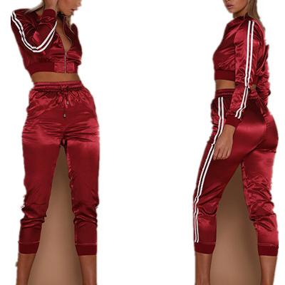 China Free Shipping USA Women's Anti-Shrink Long Sleeve Top Two-Piece Set Sportswear Crop Anti-Shrink Striped Zipper Tracksuits for sale