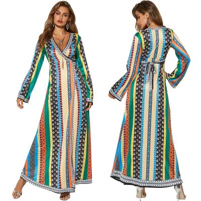 China 2022 Spring Designs Vintage Style Washable Dress Digital Printing African Nation Elegant V-Neck Tie Wrap Long Sleeve Women Maxi Dresses for sale