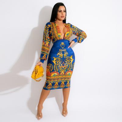 China 2022 washable newest high quality color block printed long sleeve v neck traditional african women designs mid dress dress for sale