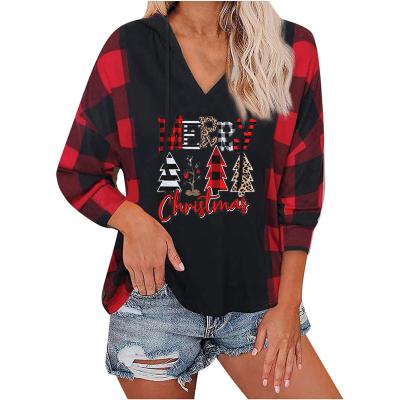 China Autumn Winter Women High Fashion Apparel Viable Plaid T-shirt Printed V-Neck Long Sleeve Plus Size Christmas Sweater Hoodies Shirts for sale